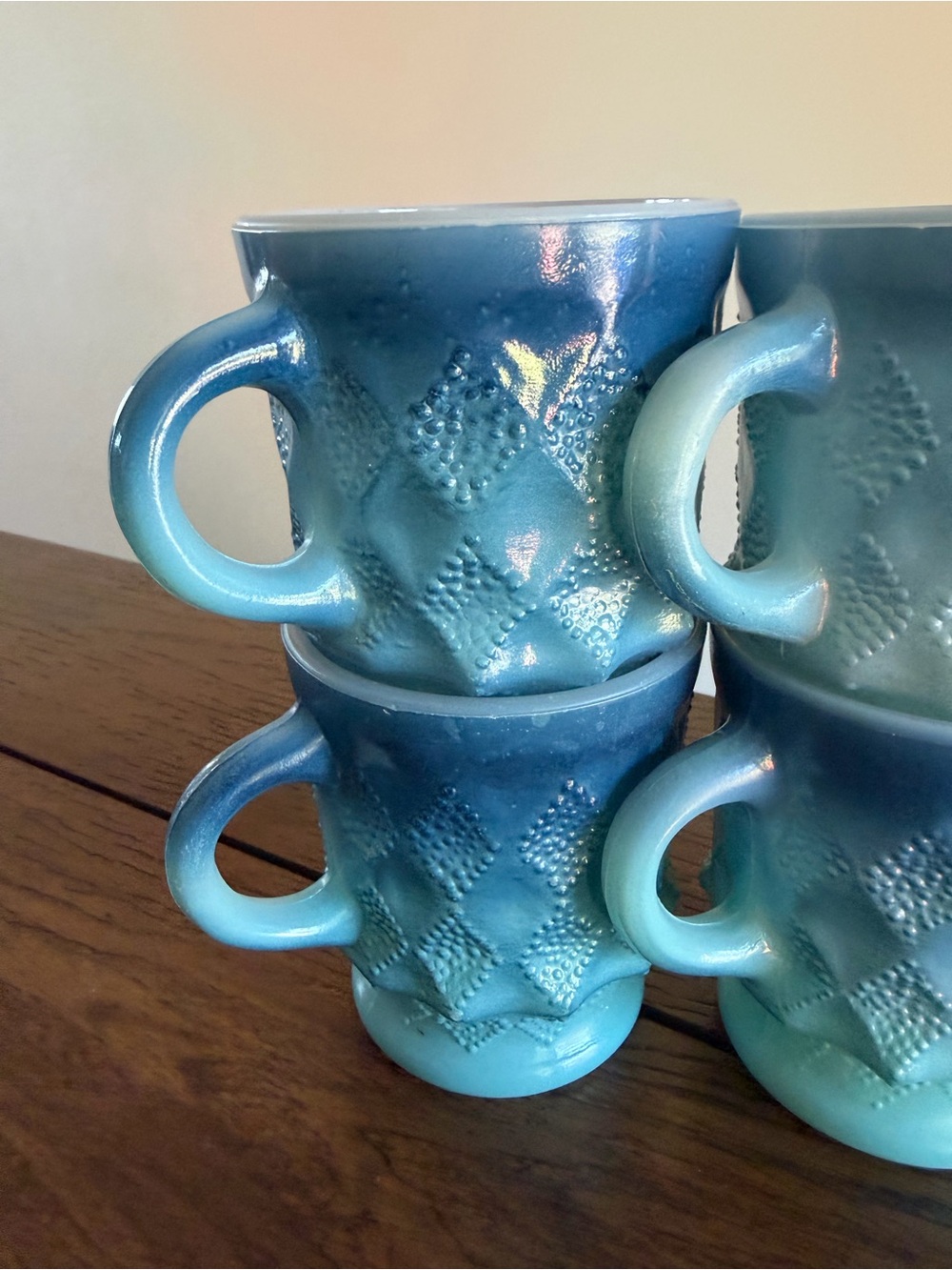 Vintage 1960s-70s Anchor Hocking Fire King Blue Kimberly Diamond Mugs Set of 4 - Picture 4 of 9